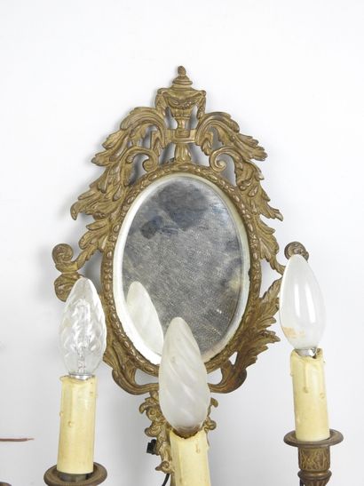 Pair of bronze three-light sconces with mirror...