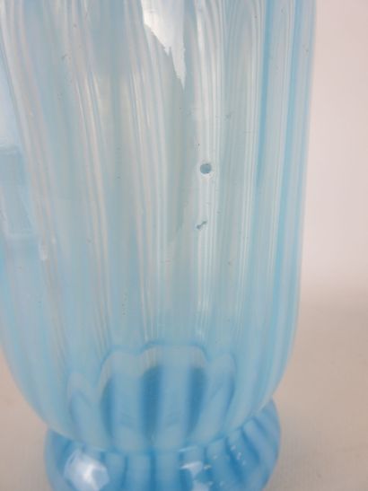VASE in blue-tinted glass with white fillet...