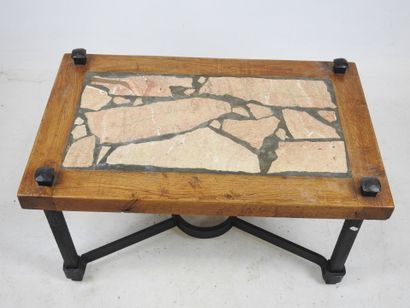 Brutalist LOW TABLE with carved stone and...