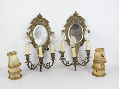 Pair of bronze three-light sconces with mirror...