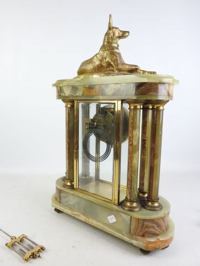 Glass, bronze and onyx cage clock topped...