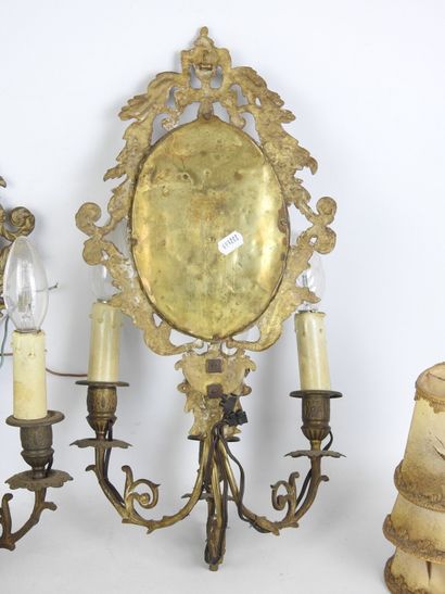 Pair of bronze three-light sconces with mirror...