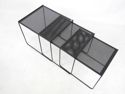 THREE nesting TABLES in perforated black...