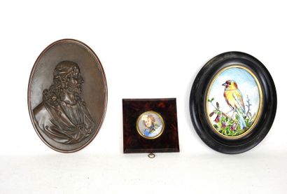 LOT including: - Bird. Limoges enamel medallion...