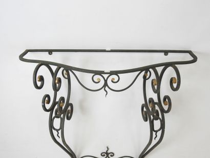 CONSOLE in black and gilded lacquered wrought-iron,...