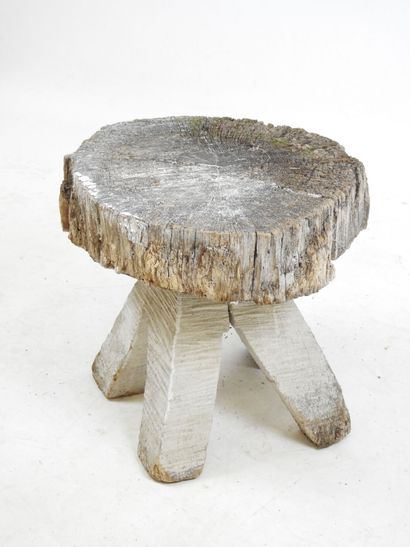 Brutalist wooden TABOURET on tripod base....