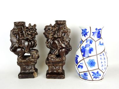 CHINA: Pair of brown glazed ceramic candleholders...