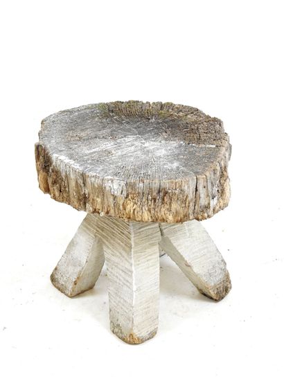 Brutalist wooden TABOURET on tripod base....