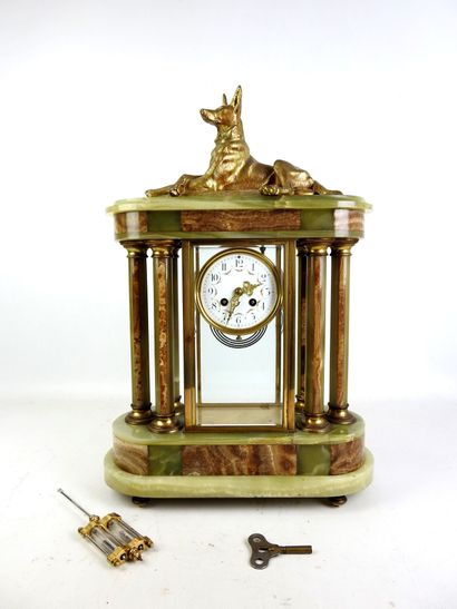 Glass, bronze and onyx cage clock topped...