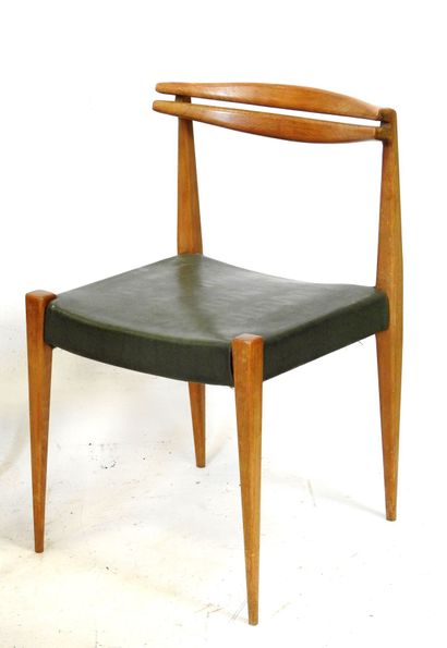FOUR CHAIRS in exotic wood and green skai....