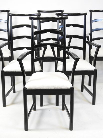 SIX CHAIRS in blackened wood, curly seat....