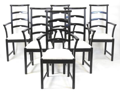 SIX CHAIRS in blackened wood, curly seat....