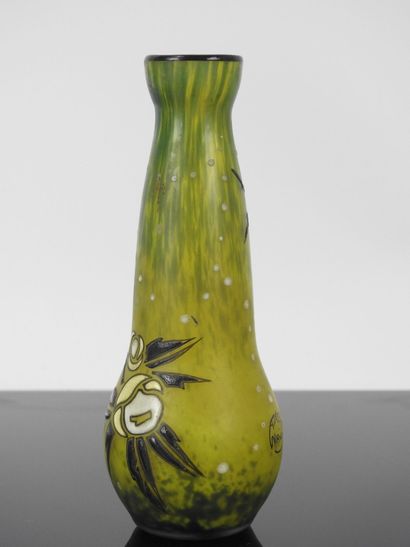 DELATTE: Miniature glass vase with enameled...