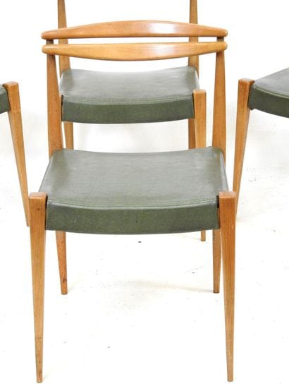FOUR CHAIRS in exotic wood and green skai....