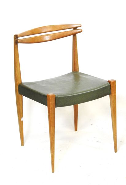 FOUR CHAIRS in exotic wood and green skai....