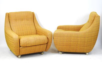 Pair of orange-yellow fabric armchairs on...
