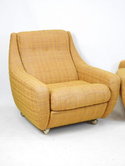 Pair of orange-yellow fabric armchairs on...
