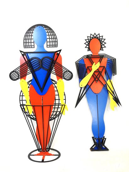 Man and Woman. Articulated sculpture in red,...
