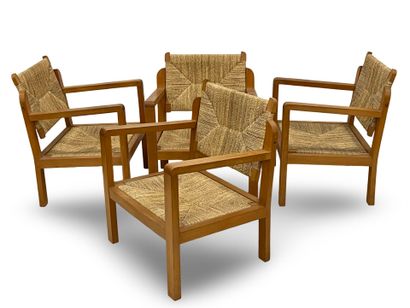 FOUR wood and straw CHAUFFEUSES, the back...