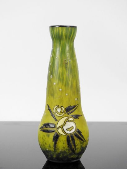 DELATTE: Miniature glass vase with enameled...
