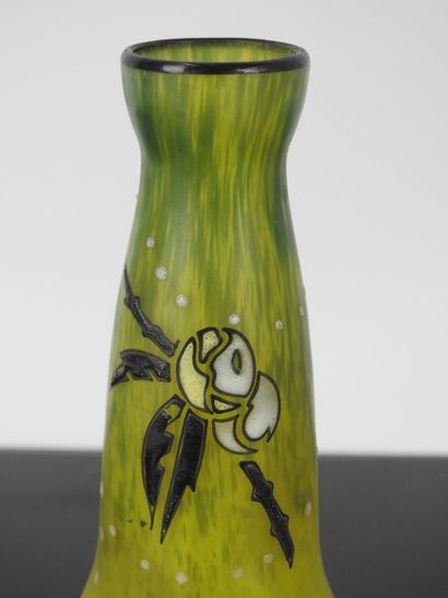 DELATTE: Miniature glass vase with enameled...