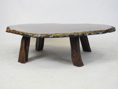 Irregular-shaped LOW TABLE with wooden top...