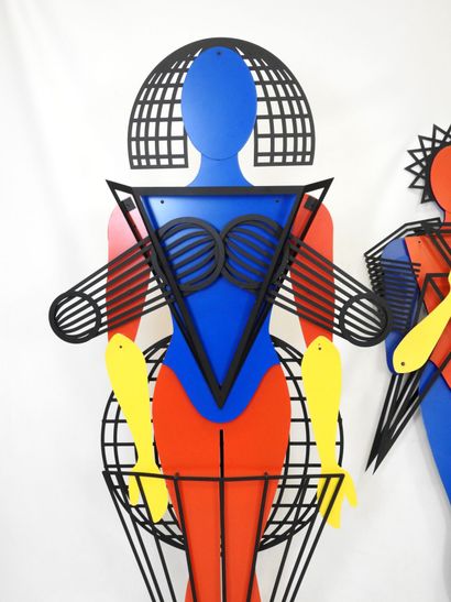 Man and Woman. Articulated sculpture in red,...