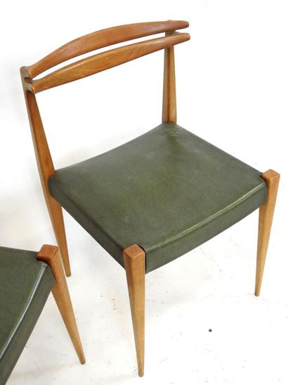 FOUR CHAIRS in exotic wood and green skai....