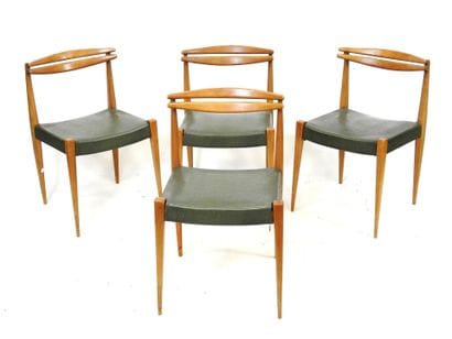 FOUR CHAIRS in exotic wood and green skai....