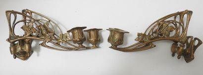 PLEYEL: Pair of two-light sconces in bronze....