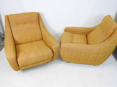 Pair of orange-yellow fabric armchairs on...