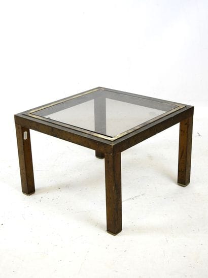 Square low table in gilded metal with smoked...