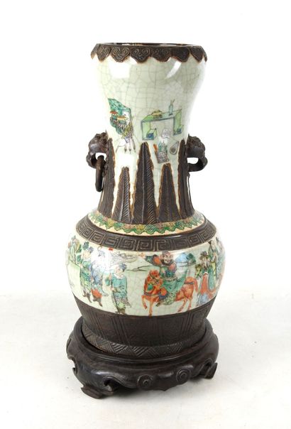 CHINA: Nanking vase with two handles in cracked...