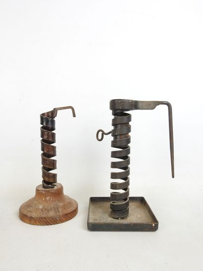 Two wrought-iron spiral BOUGEOIRS, one with...