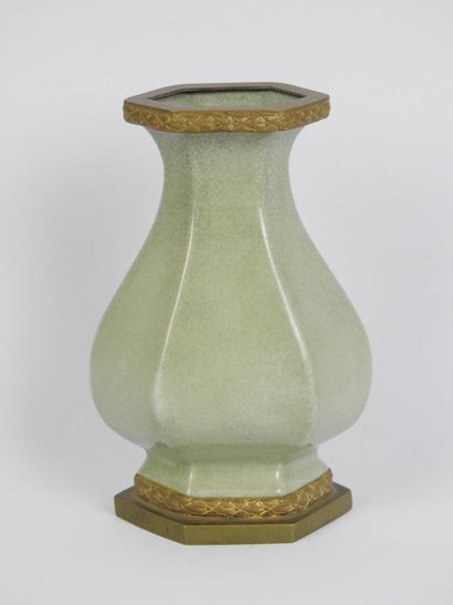 CHINA: Small celadon porcelain vase, gilt...