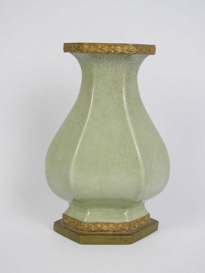 CHINA: Small celadon porcelain vase, gilt...