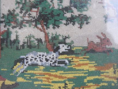 Antique beaded embroidery depicting a hunting...