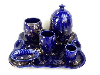 SARREGUEMINES: Smoker's set in blue earthenware...