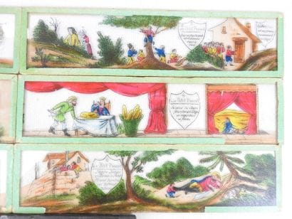 Six glass PLATES telling the story of Tom...