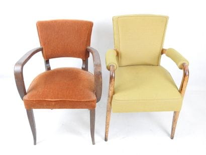 Two bridge CHAIRS with curved arms and seat...