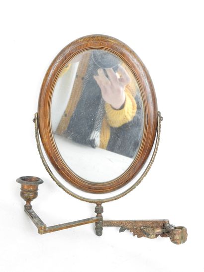 TWO double wooden mirrors resting on an articulated...