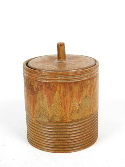 DENBAC: Covered cylindrical box in brown...