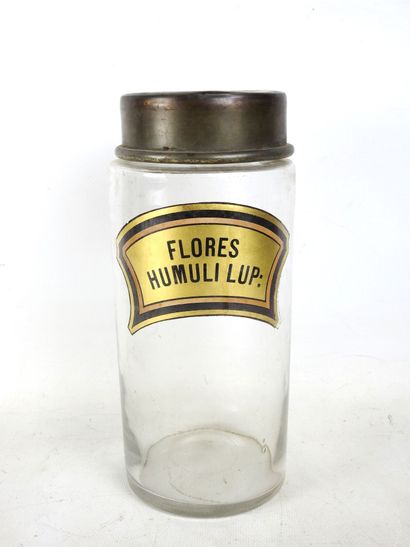 PHARMACY JUG in glass with metal lid. Paper...