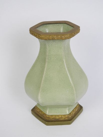CHINA: Small celadon porcelain vase, gilt...