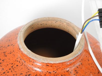 PAIR OF LAMPS in orange ceramic with black...