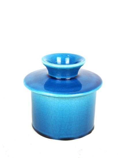 Circular FAISSELLE POT in blue glazed ceramic....