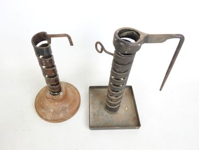 Two wrought-iron spiral BOUGEOIRS, one with...