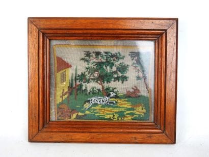 Antique beaded embroidery depicting a hunting...