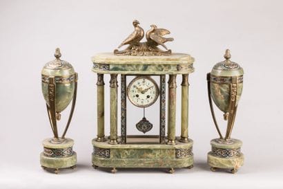 Green onyx, cloisonné and bronze mantelpiece...
