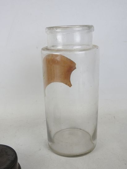 PHARMACY JUG in glass with metal lid. Paper...